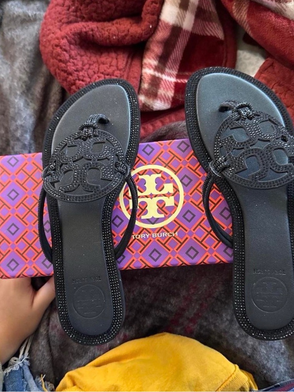 Tory Burch Black Miller Logo Thong Sandals with Crystal Trim